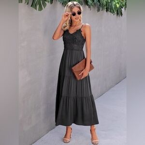 Crochet Lace Maxi Dress‎ Navy Blue XL NWT Frilly Adjustable Straps Beach Casual